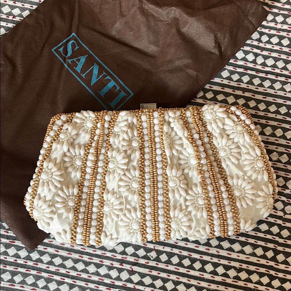 Santi White and Gold Beaded Clutch